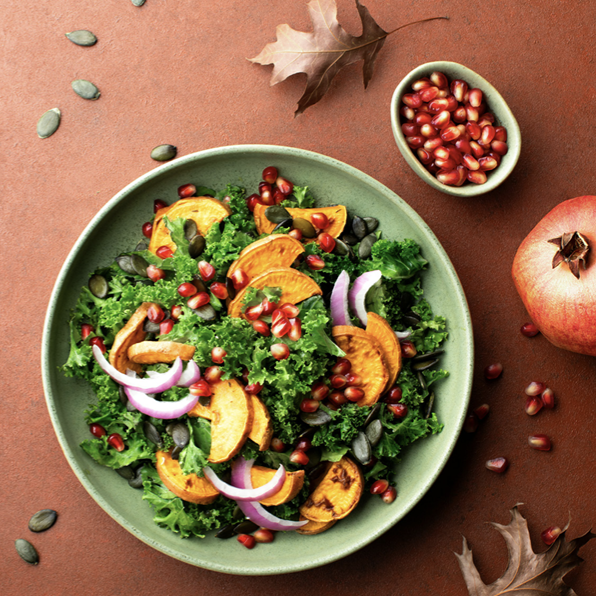 Roast sweet potato, pomegranate & pecan salad